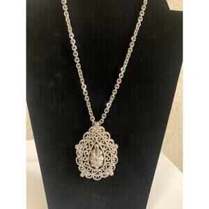 Vintage Silver Pendant Necklace Ornate Victorian Teardrop Medallion 1980s